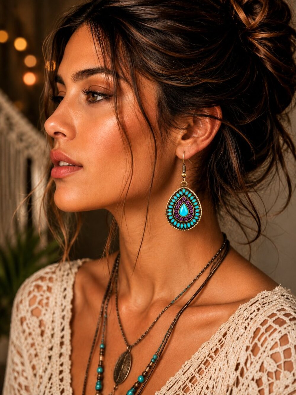 Boho Turquoise & Purple Teardrop Statement Earrings Bronze Tone Dangle Earrings